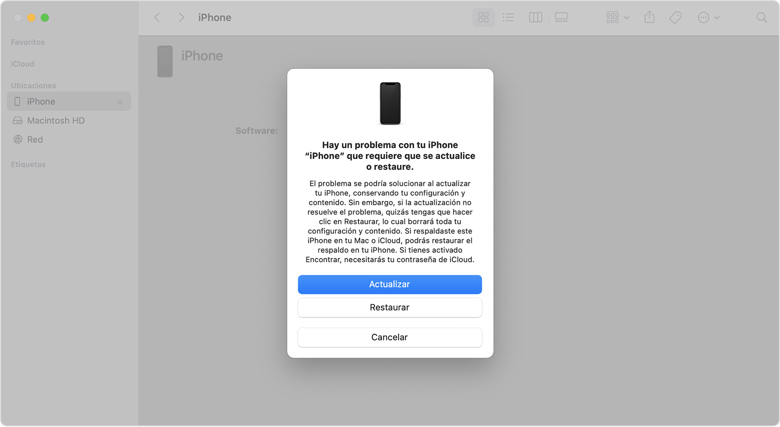Una ventana del Finder en la que se muestra un mensaje con la opción de actualizar o restaurar el iPhone. Está seleccionada la opción de actualizar.