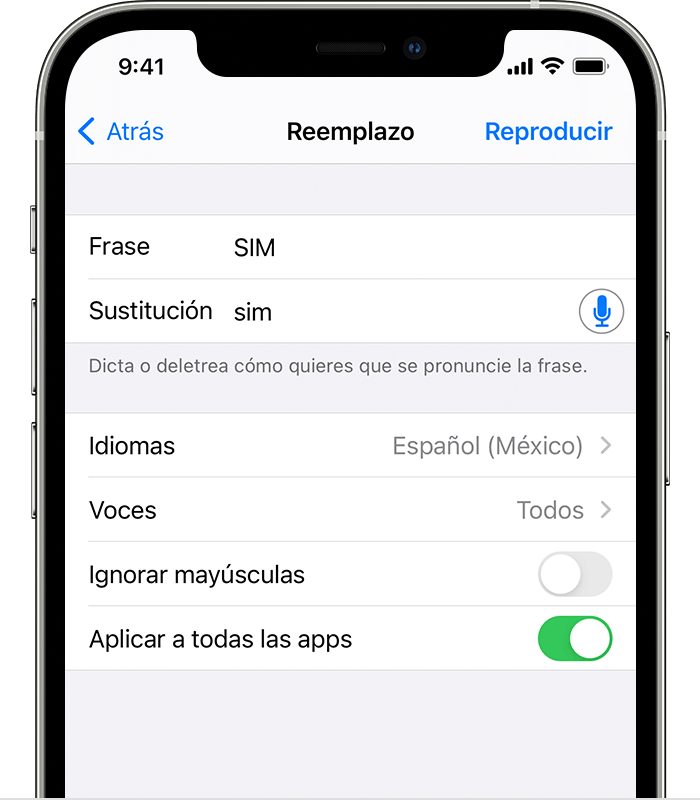 Pantalla del iPhone en la que se muestran SIM en el campo Frase y la pronunciación de SIM en el campo Sustitución. 