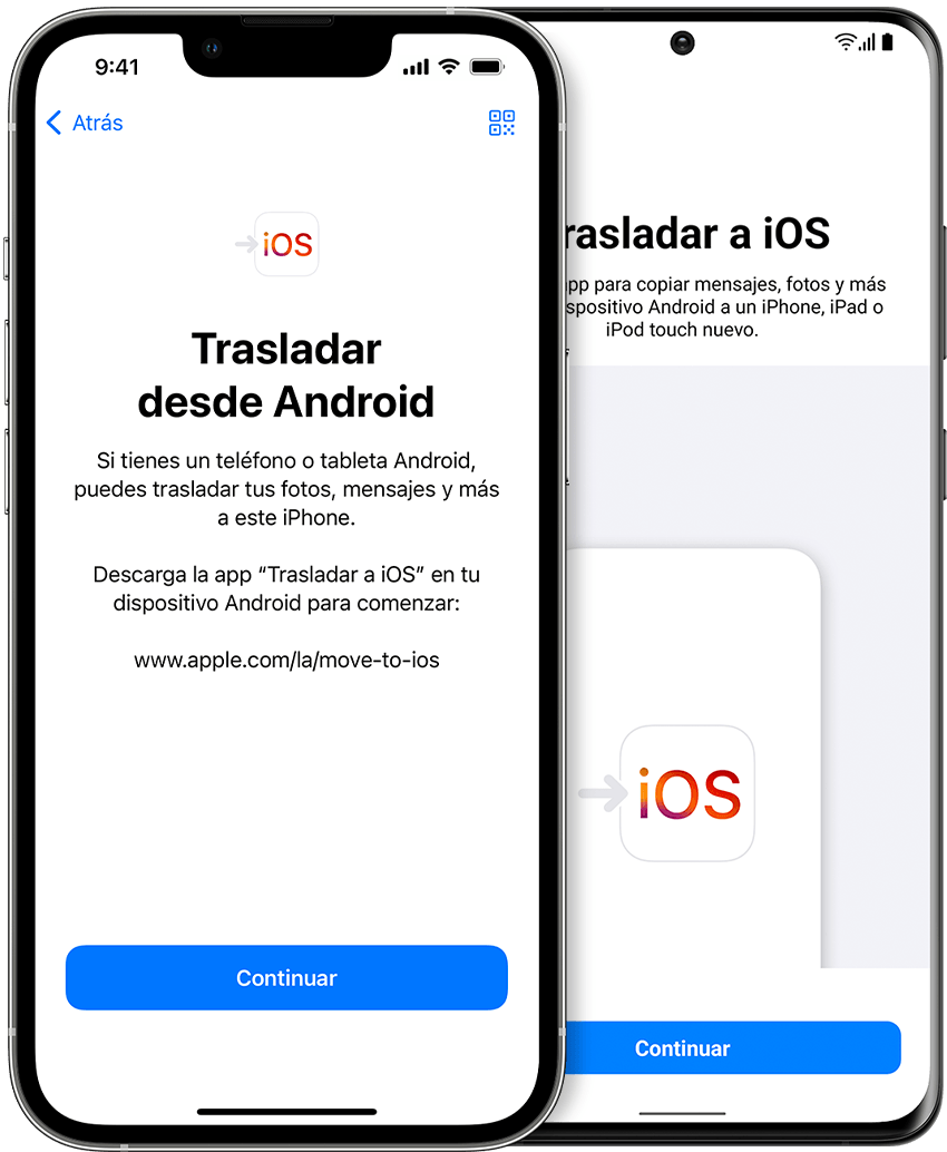 pantallas en las que se muestra la app Trasladar a iOS en iPhone y Android