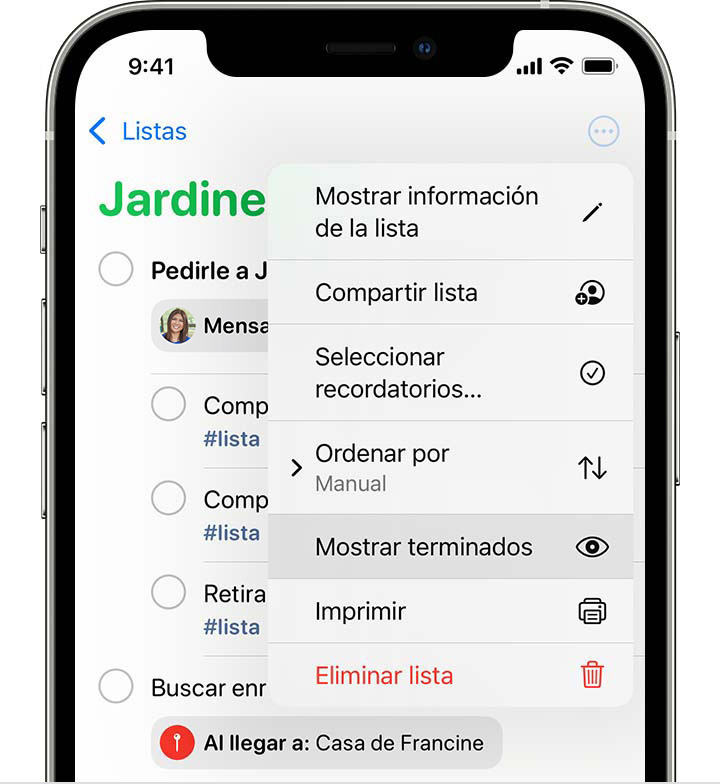 Un iPhone en el que se muestra una lista de recordatorios con el menú abierto después de seleccionar el botón Más y la opción Mostrar terminados resaltada.