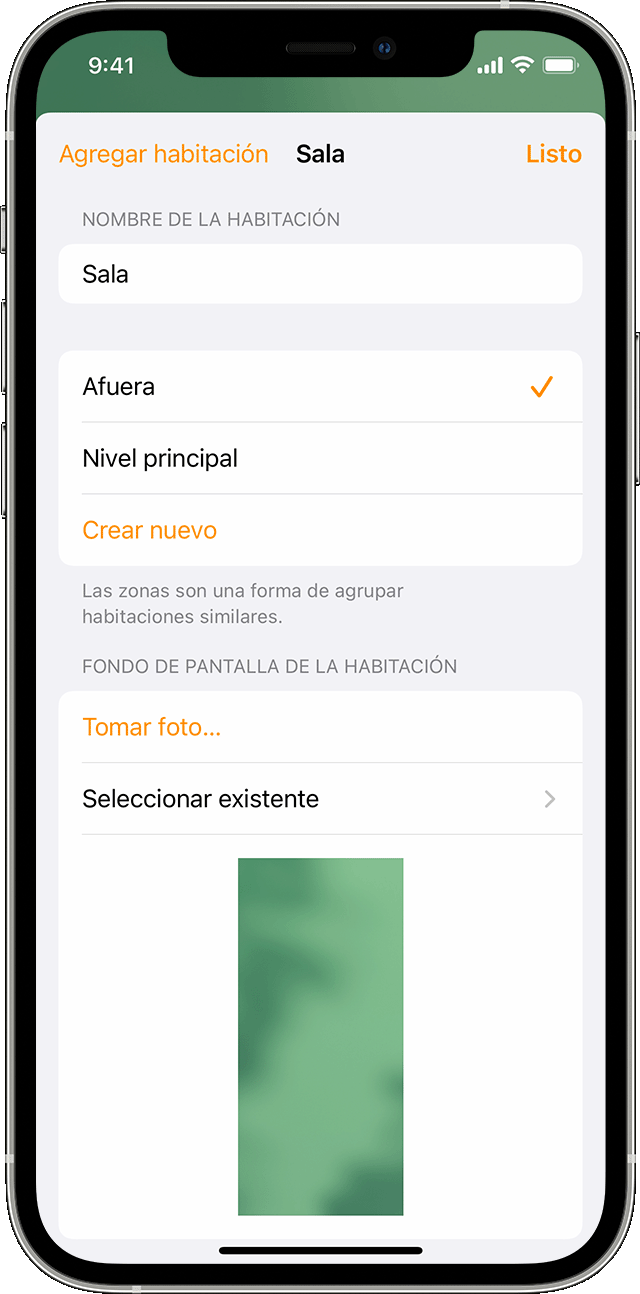 La app Casa en iOS en la que se muestra la Configuración en la sala. 
