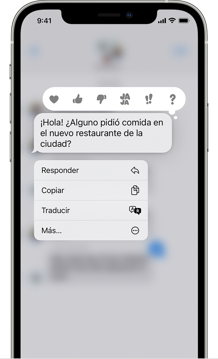 iPhone en el que se muestra el menú de respuestas directas después de mantener presionado un globo de mensaje para enviar una respuesta directa.