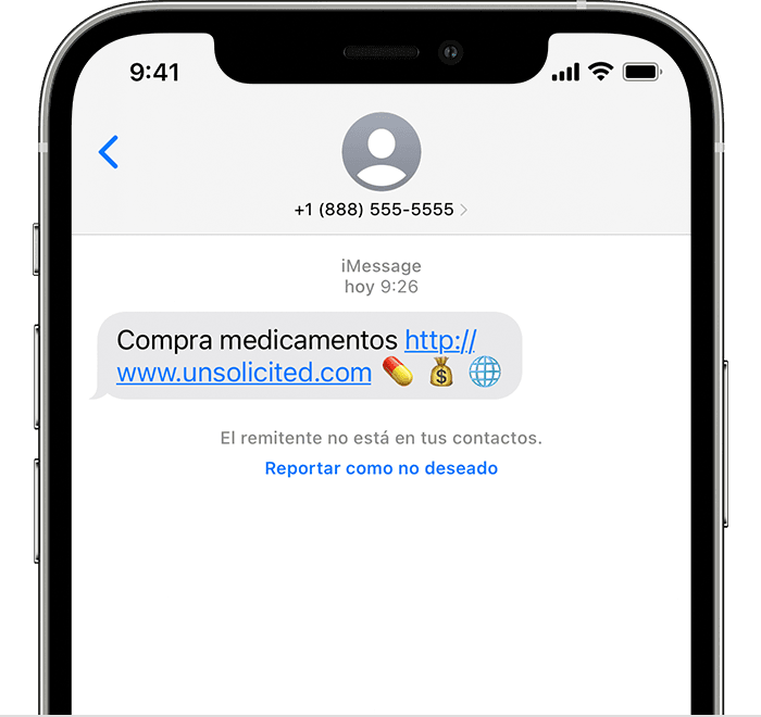 iPhone en el que se muestra cómo reportar como no deseado en la app Mensajes