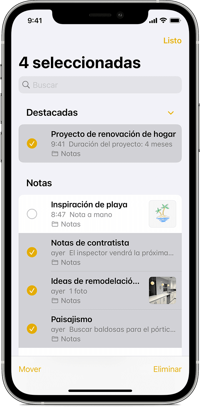 iPhone que muestra cómo mover la nota a otra carpeta en la app Notas.