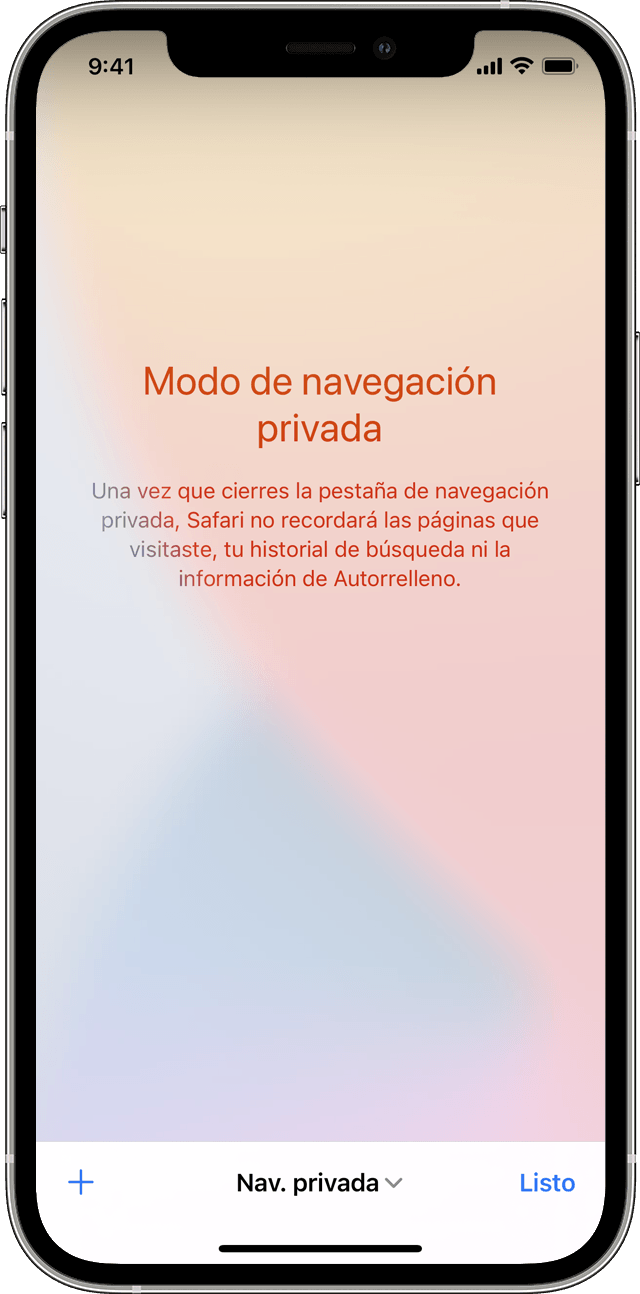 Un iPhone en el que se muestra la pantalla del Modo de navegación privada cuando tocas la opción Privada para activar la Navegación privada.