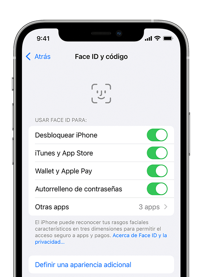 Un iPhone en el que se muestra la pantalla Configuración > Face ID y código.