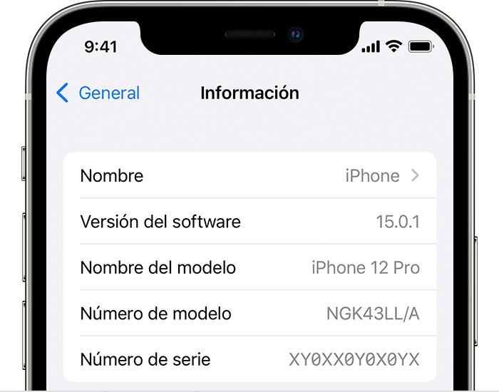 iPhone en el que se muestra la pantalla de Información con la versión del software debajo del nombre del dispositivo.
