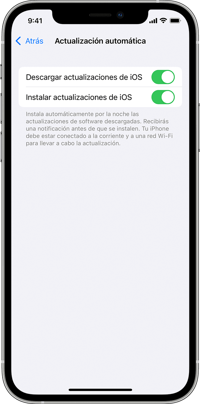 La página Actualizaciones automáticas de Configuración del iPhone en las que se muestran las opciones para descargar e instalar actualizaciones de iOS automáticamente.
