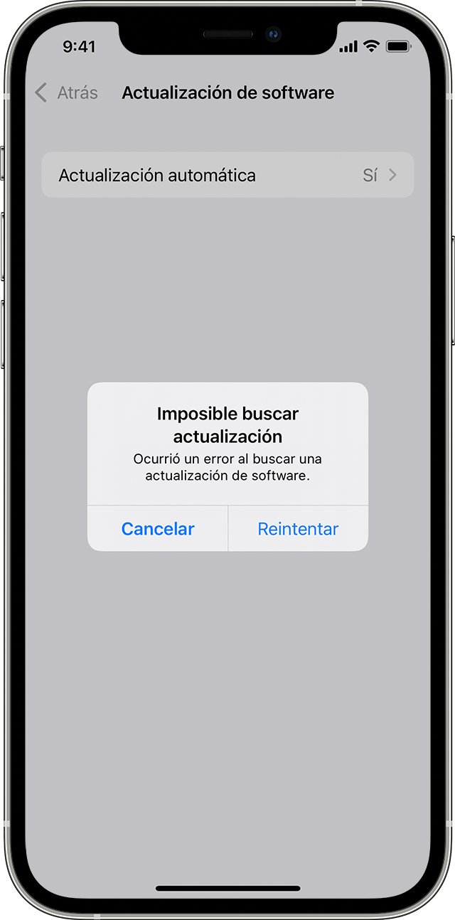 iPhone en el que se muestra la alerta “Imposible buscar actualización”.