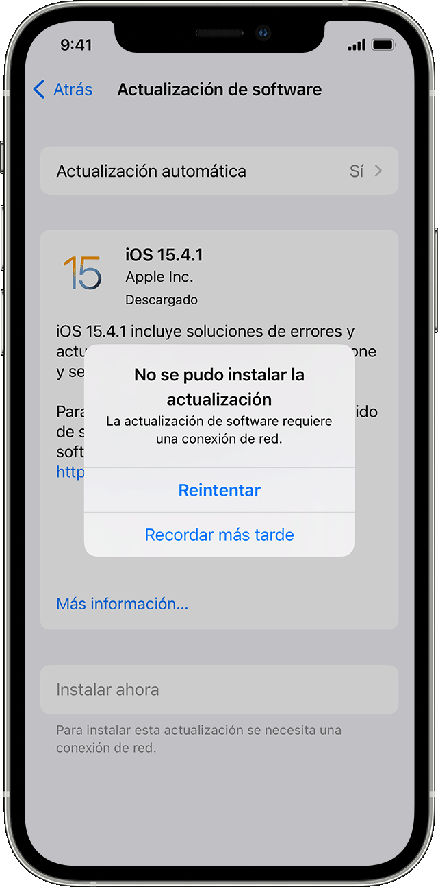 iPhone en el que se muestra la alerta “No se pudo instalar la actualización”.