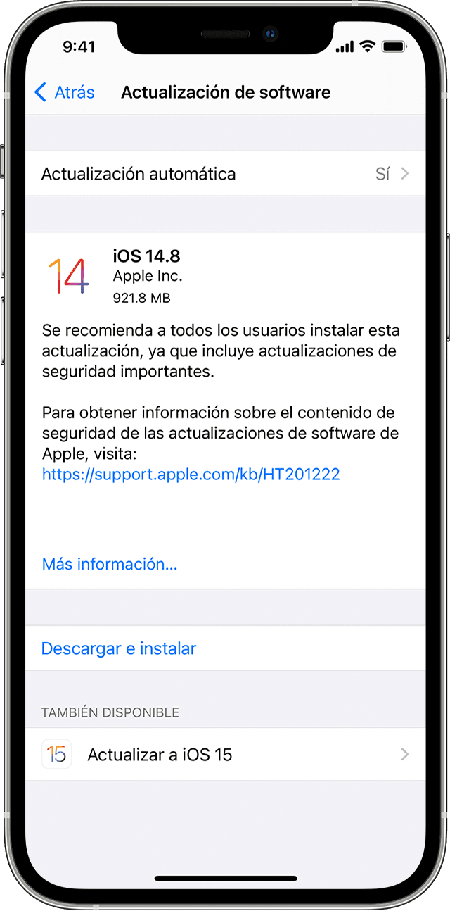 La app Configuración del iPhone, donde se muestran las opciones para actualizar el sistema a iOS 14.8 o iOS 15.