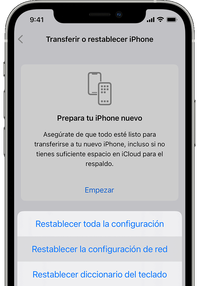 iPhone en el que se muestra la pantalla Configuración > General > Transferir o restablecer [dispositivo] > Restablecer. La opción Restablecer la configuración de red está seleccionada.