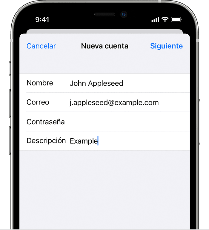 Una pantalla del iPhone en la que se muestra cómo configurar una cuenta de correo electrónico de manera manual