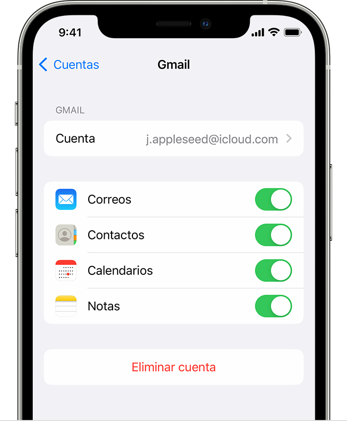 Un iPhone en el que se muestra la configuración de una cuenta de Gmail conectada en Configuración > Mail > Cuentas > Gmail.