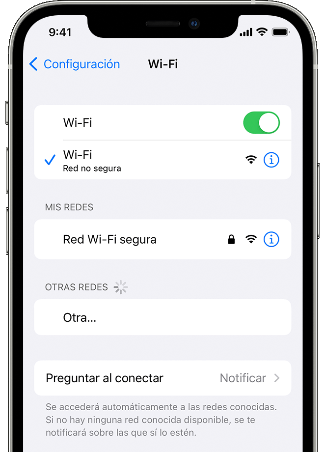 iPhone en el que se muestra la pantalla Configuración > Wi-Fi. Hay una marca de verificación azul al lado del nombre de la red Wi-Fi.