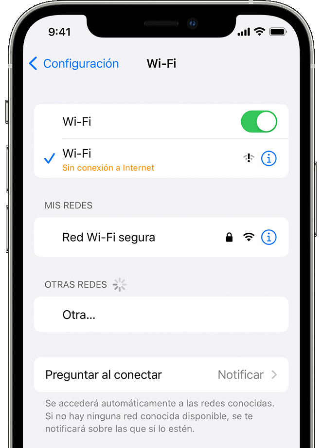iPhone en el que se muestra la pantalla Configuración > Wi-Fi. Se muestra el mensaje “Sin conexión a internet” debajo del nombre de la red Wi-Fi.