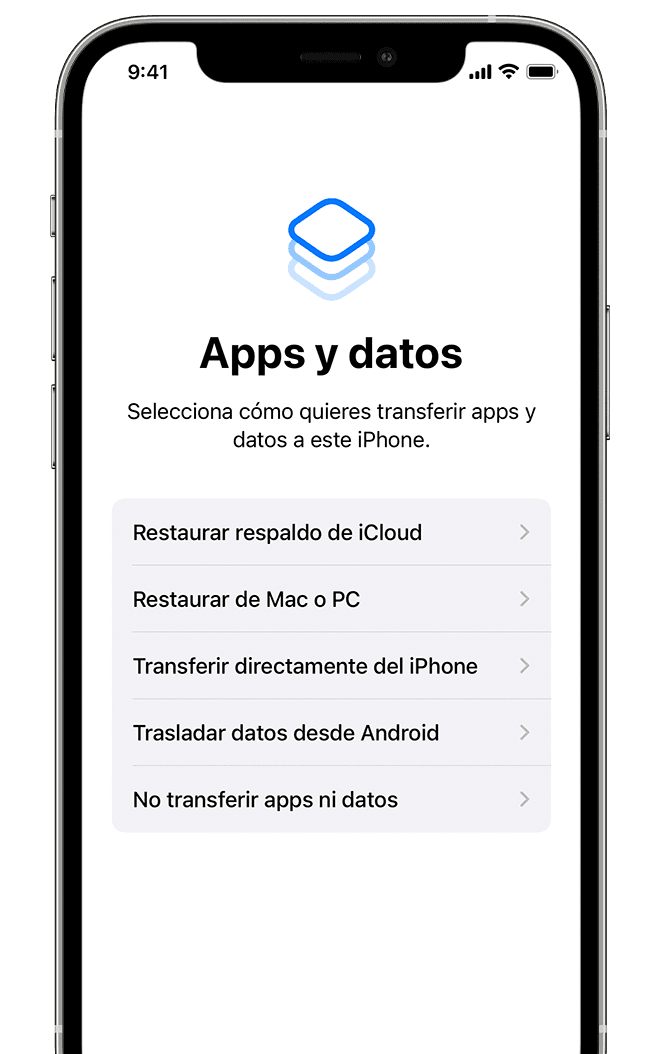 Pantalla en la que se muestra la opción de elegir cómo quieres transferir apps y datos