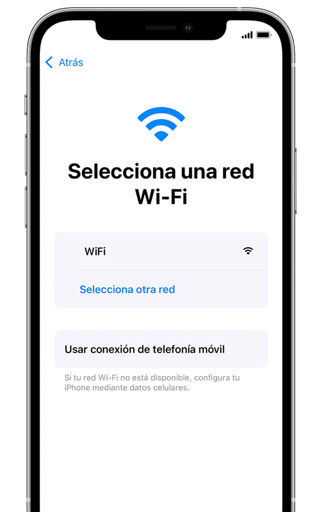 Pantalla en la que se muestra la opción de elegir una red Wi-Fi o usar conexión de telefonía móvil