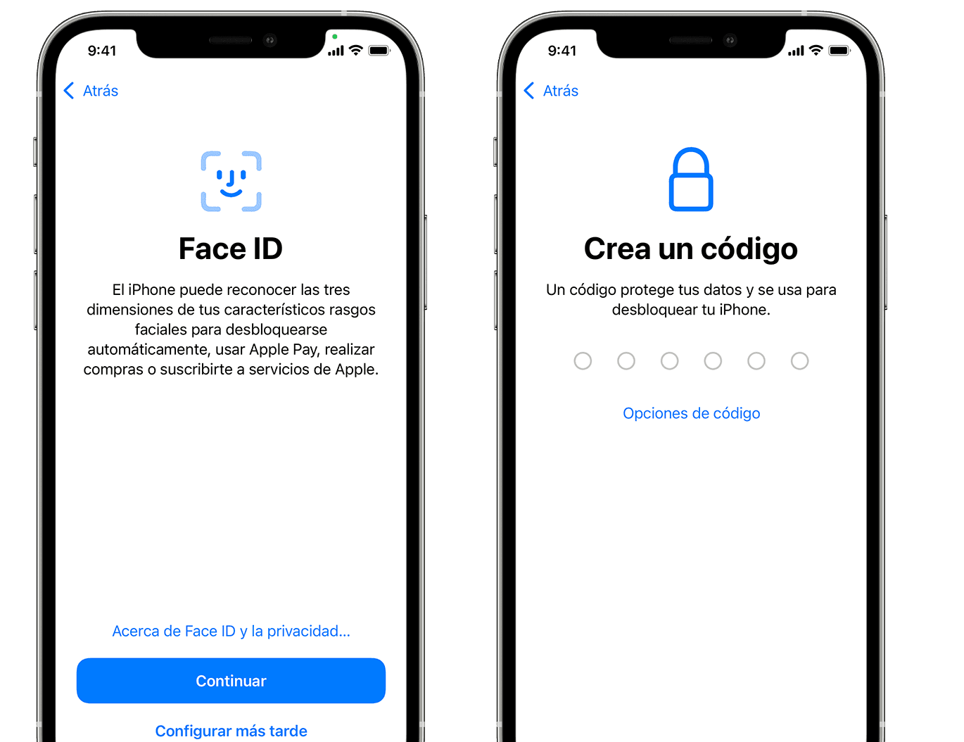 Pantalla en la que se muestra la opción de configurar Face ID y crear un código