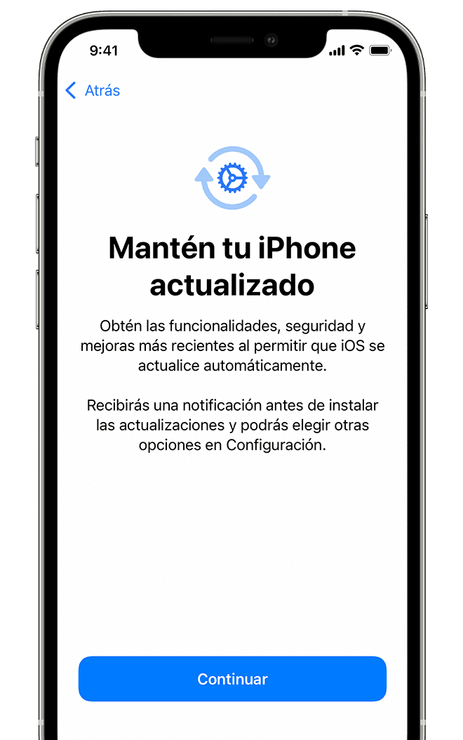 Pantalla en la que se muestra la opción de recibir notificaciones para mantener el iPhone actualizado