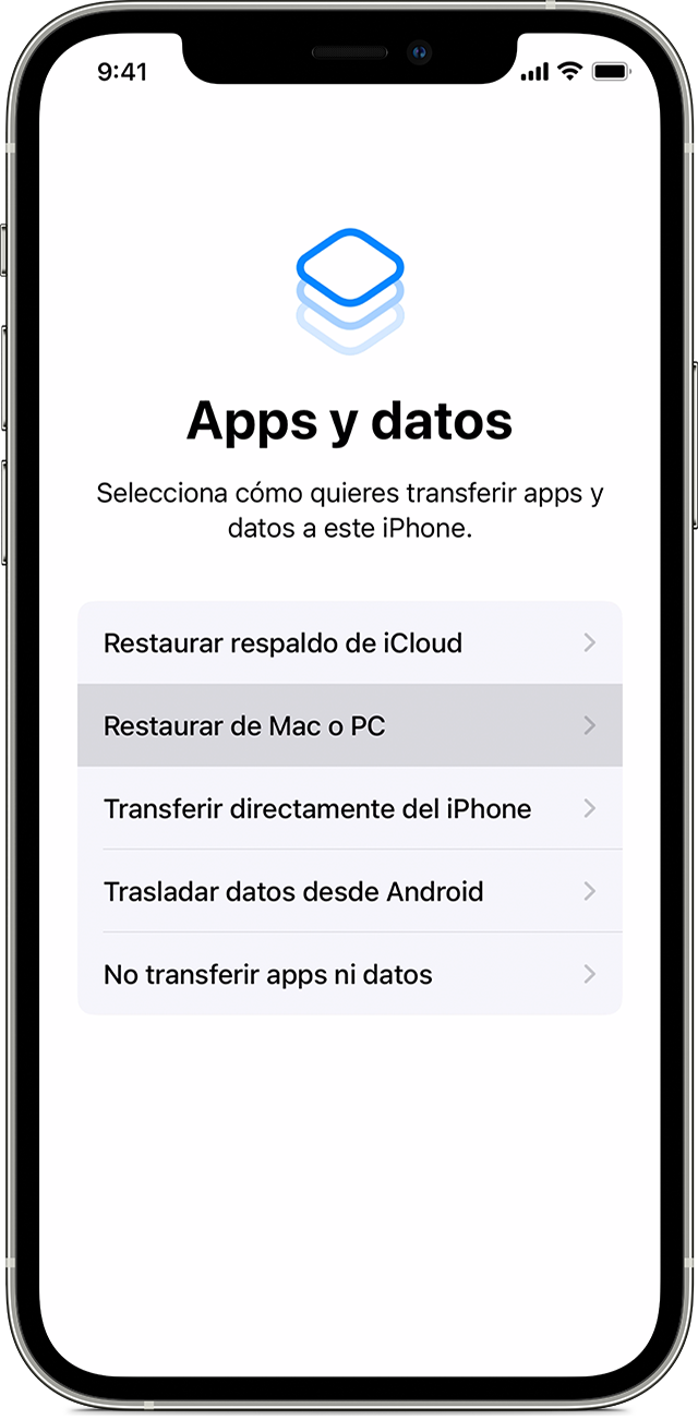 Un iPhone en el que se muestra la pantalla Apps y datos con la opción “Restaurar de Mac o PC” seleccionada.