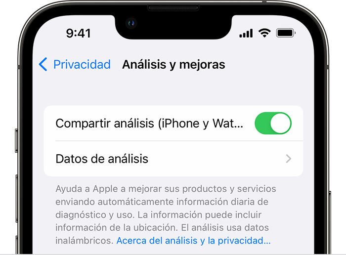 iPhone en el que se muestran las opciones de Análisis y mejoras, con la opción Compartir el análisis del iPhone y el Watch activada.