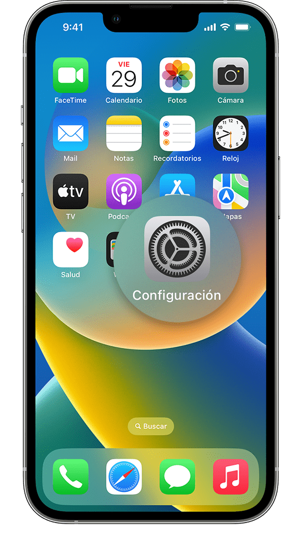 Un iPhone en el que se muestra la pantalla de inicio con el ícono de la app Configuración ampliado.