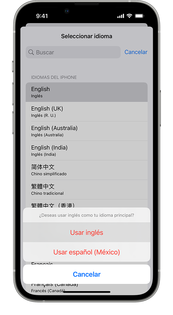 Un iPhone en el que se muestra una alerta que dice: “¿Deseas usar francés como tu idioma principal?”. Las opciones que se muestran son Usar francés, Usar inglés (EE. UU.) y Cancelar.