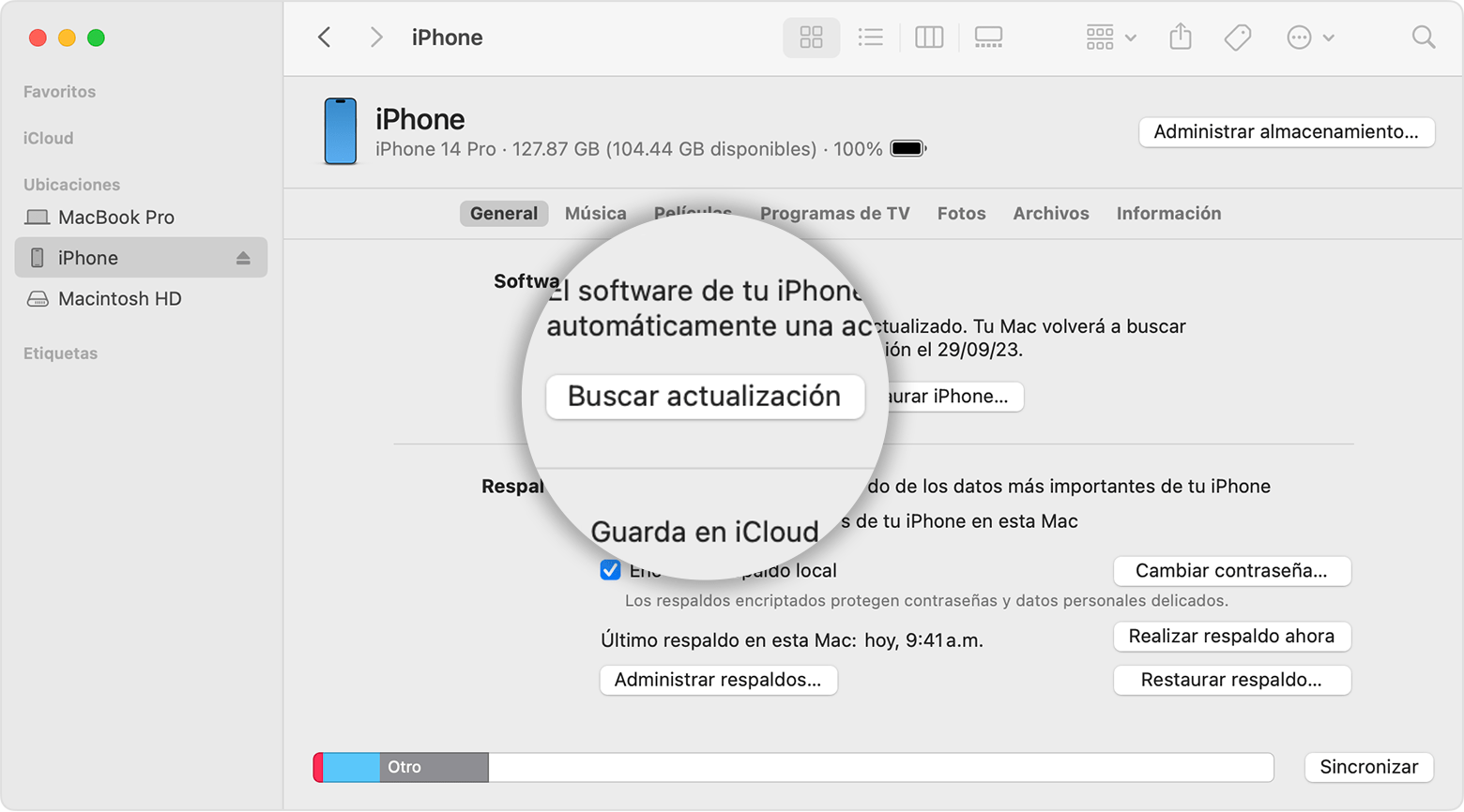 Pantalla de una Mac donde se muestra cómo usar el Finder para verificar el almacenamiento en tu dispositivo iOS