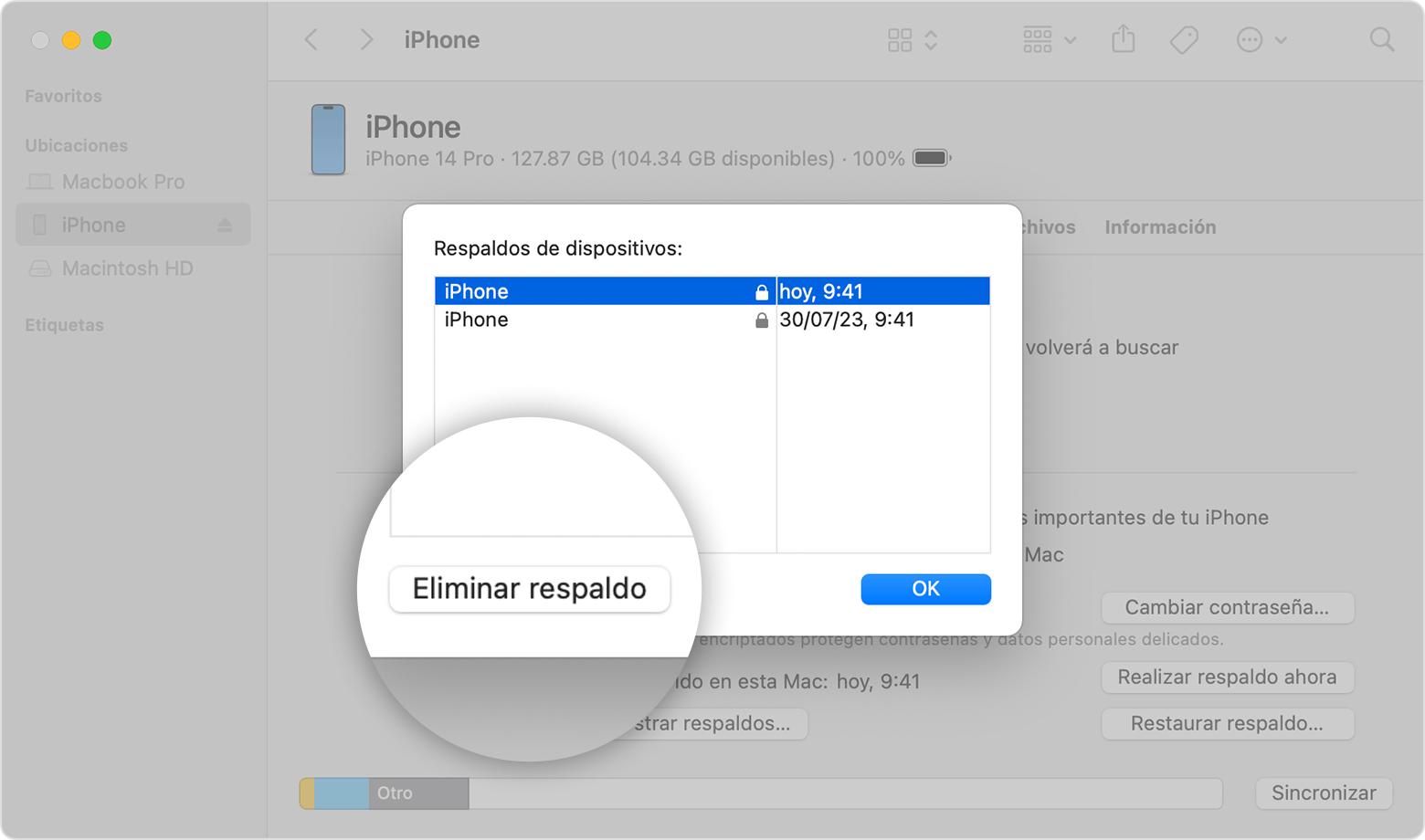 Una ventana del Finder en la que se muestra la opción para eliminar los respaldos del dispositivo