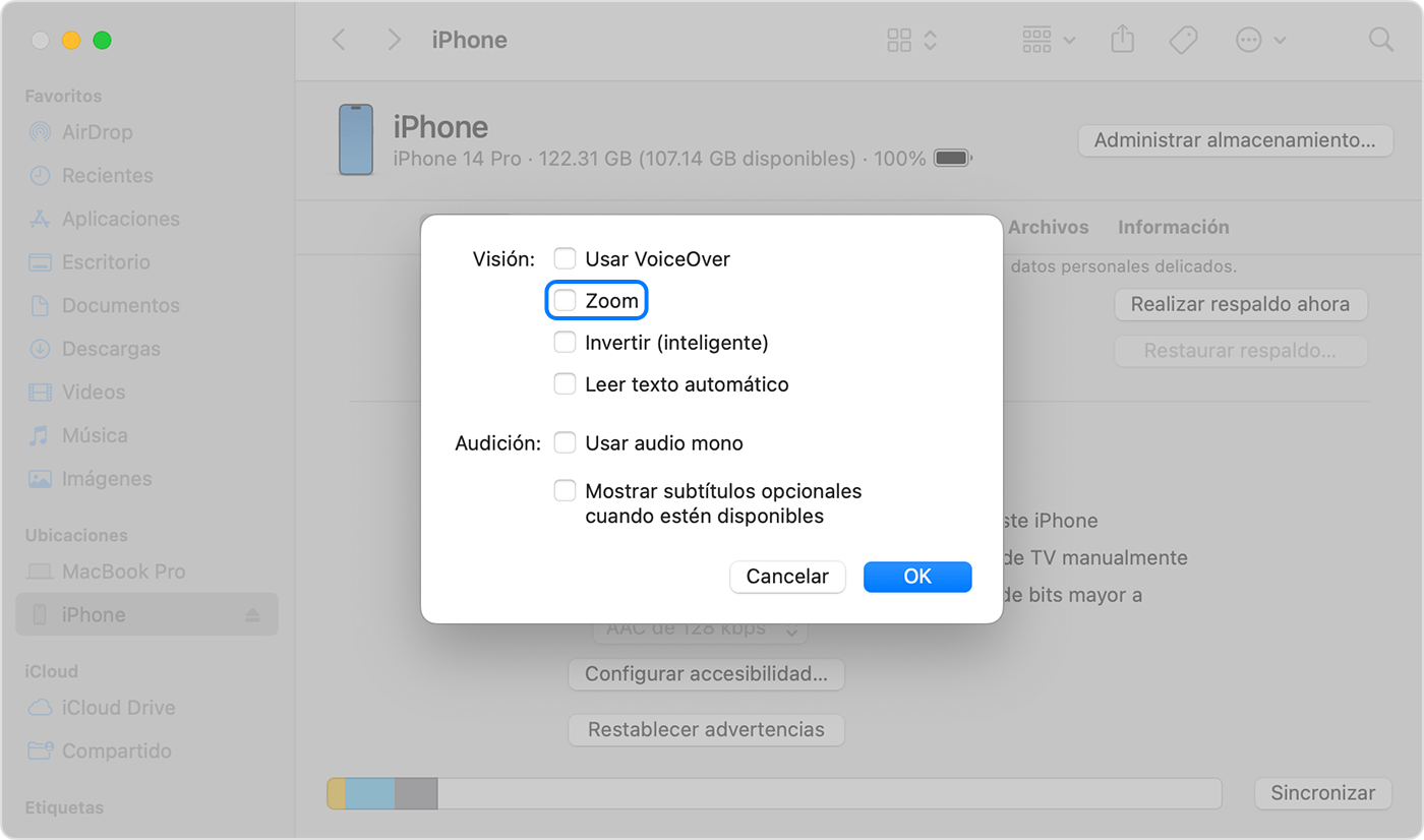Una ventana del Finder en la que se muestran las opciones para activar o desactivar Zoom con un iPhone conectado