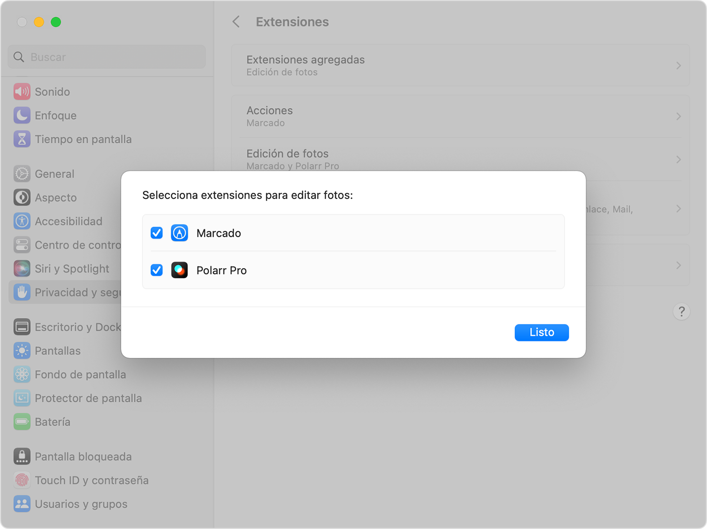 Puedes seleccionar una extensión de Fotos de proveedores independientes en la Mac mediante la Configuración.