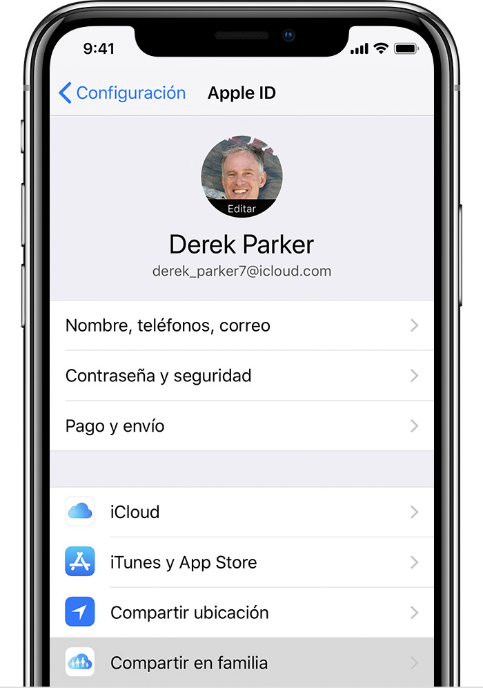 iPhone donde se muestra la opción Configurar “Compartir en familia”