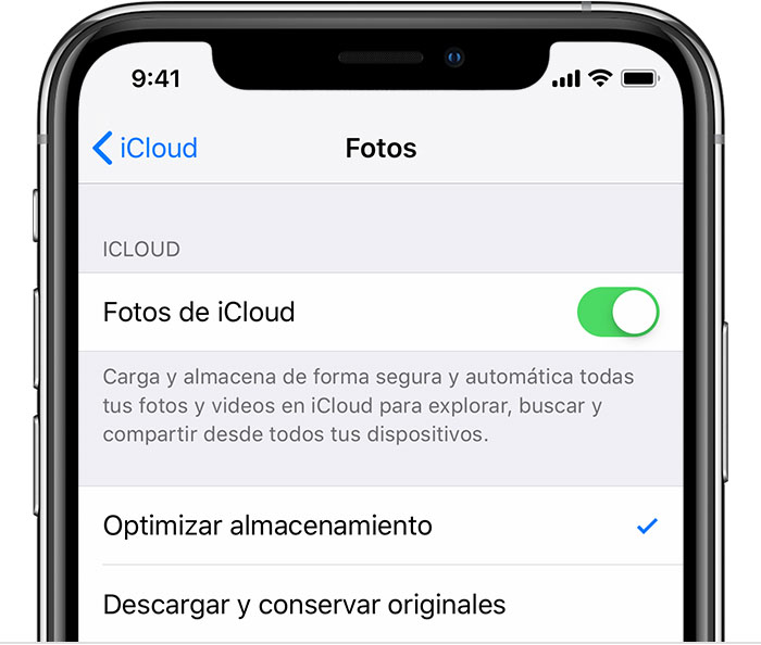 iPhone con la opción Fotos de iCloud activada