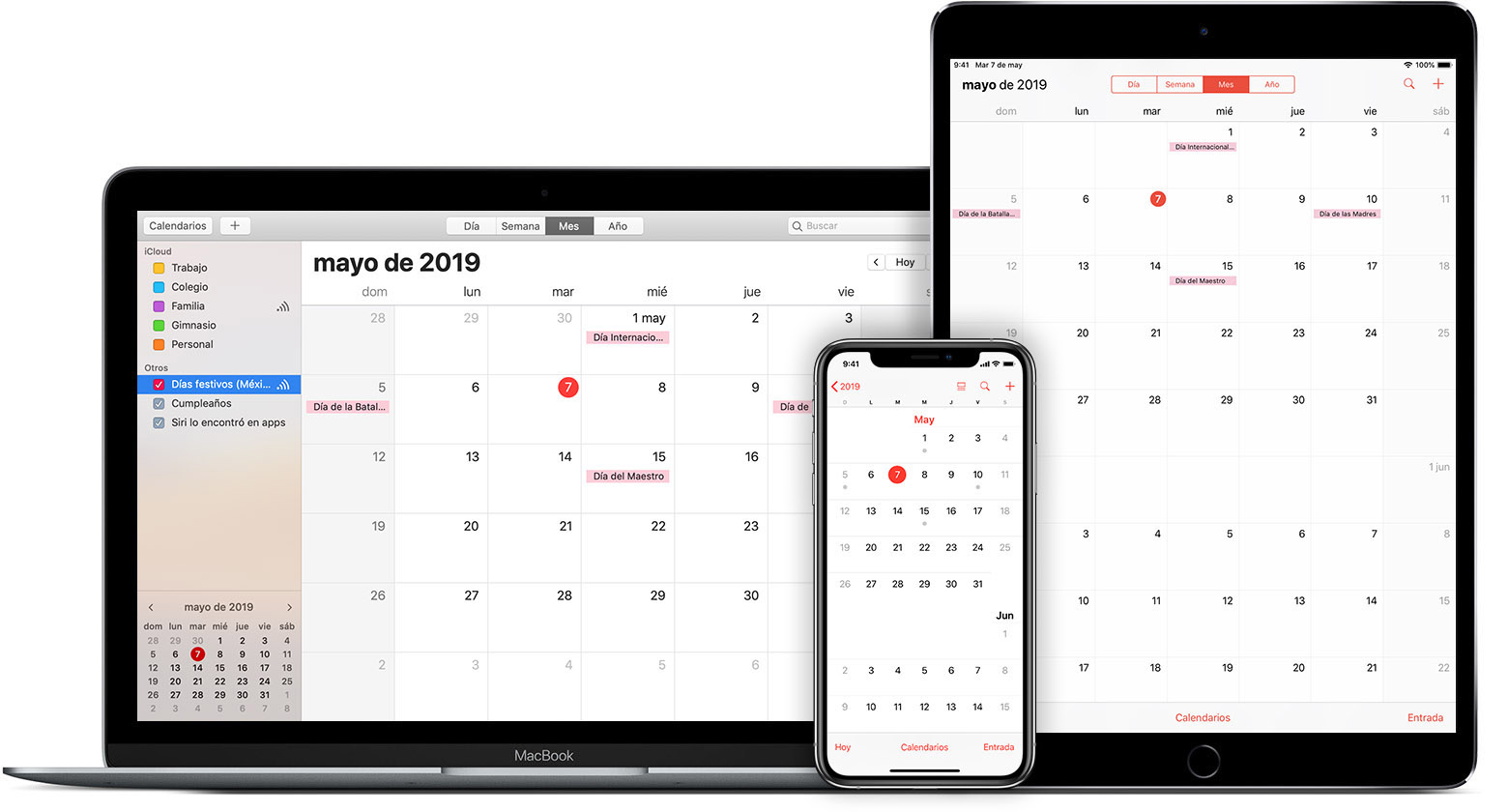 Mac, iPad y iPhone que muestran el calendario de iCloud