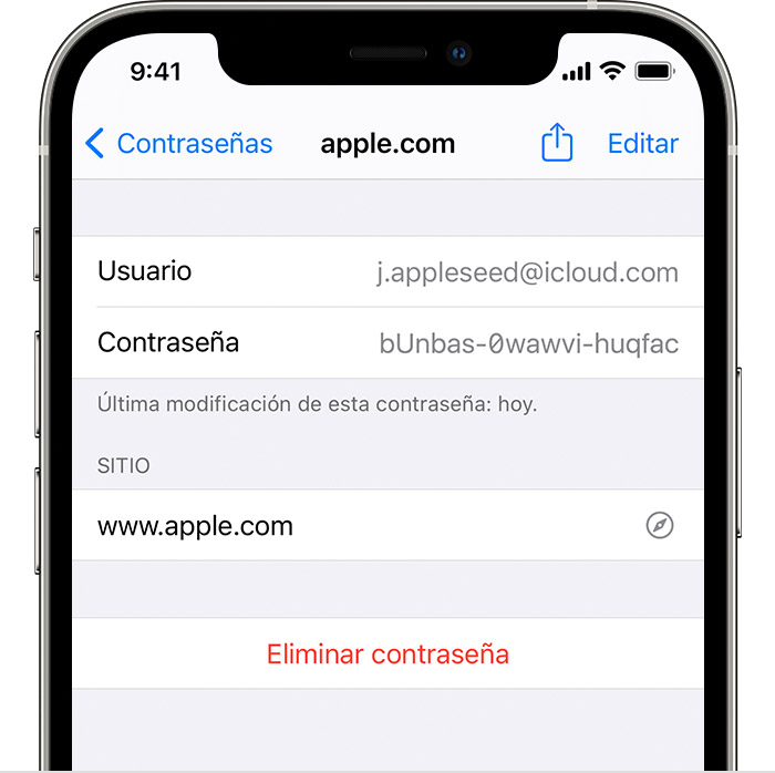 Un iPhone 12 Pro muestra los detalles de la cuenta de Apple del usuario, incluido el nombre de usuario y la contraseña.
