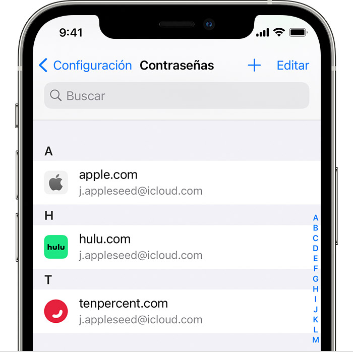 Un iPhone 12 Pro muestra que se guardaron las contraseñas para cuentas como Apple, Google y Netflix en la sección Contraseñas dentro de Configuración.