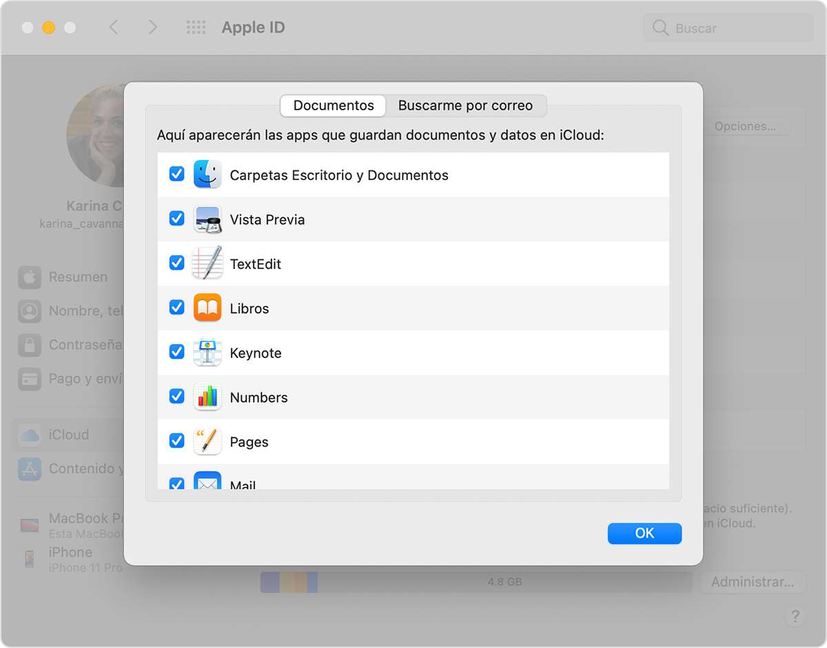 Pantalla de opciones de iCloud Drive en una Mac que muestra la opción Carpetas Escritorio y Documentos seleccionada.