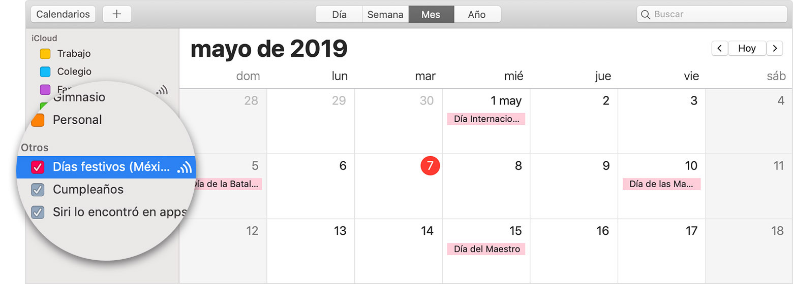 Calendario de iCloud con el calendario suscrito seleccionado
