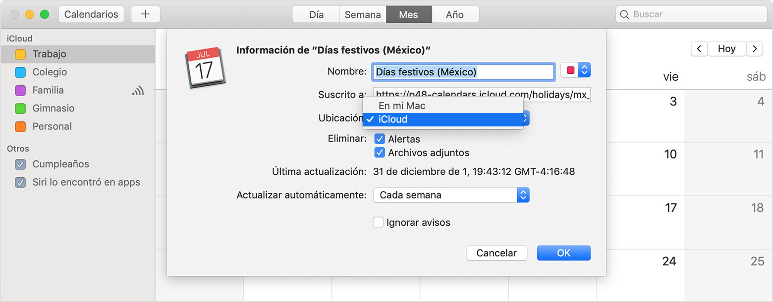 Configuración de Información sobre Días festivos dentro del calendario de iCloud