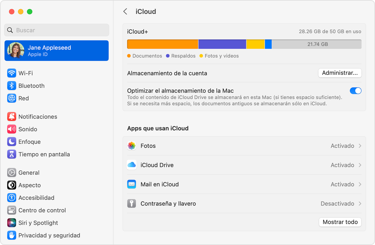 Después de hacer clic en iCloud, puedes comprobar el espacio de almacenamiento de iCloud en la parte superior de la pantalla.