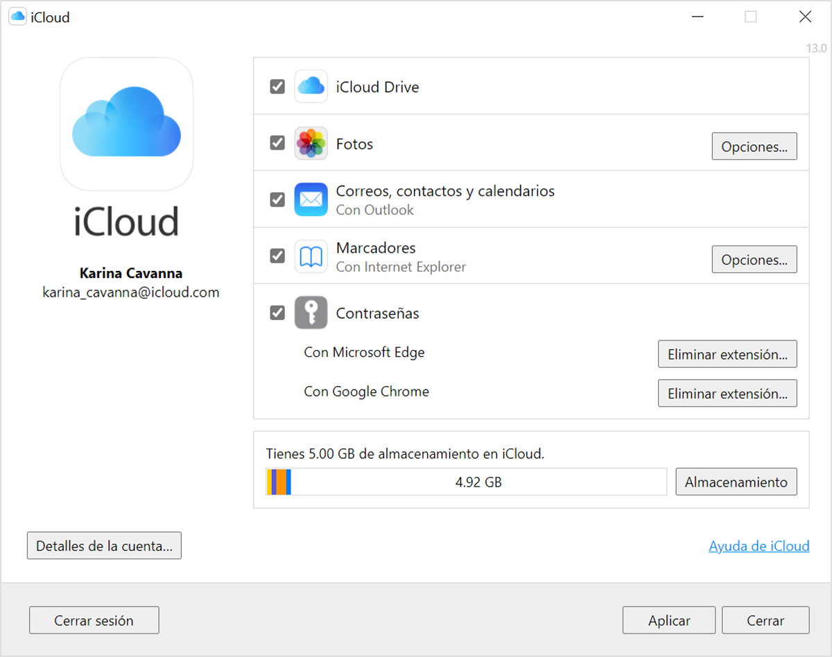 Captura de pantalla de iCloud para Windows con iCloud Drive seleccionado.