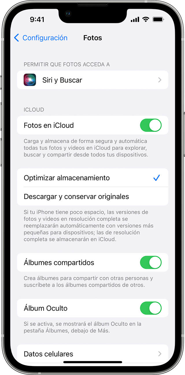 Configuración de Fotos del iPhone con la opción Fotos de iCloud activada