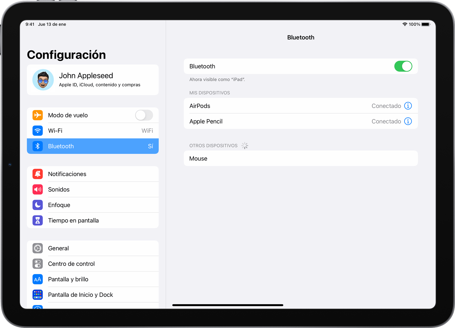 Puedes encontrar una lista de los dispositivos conectados al iPad en Configuración > Bluetooth.