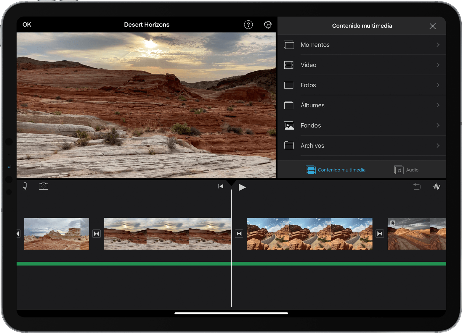 Proyecto de iMovie en iPad con el explorador de contenido multimedia abierto
