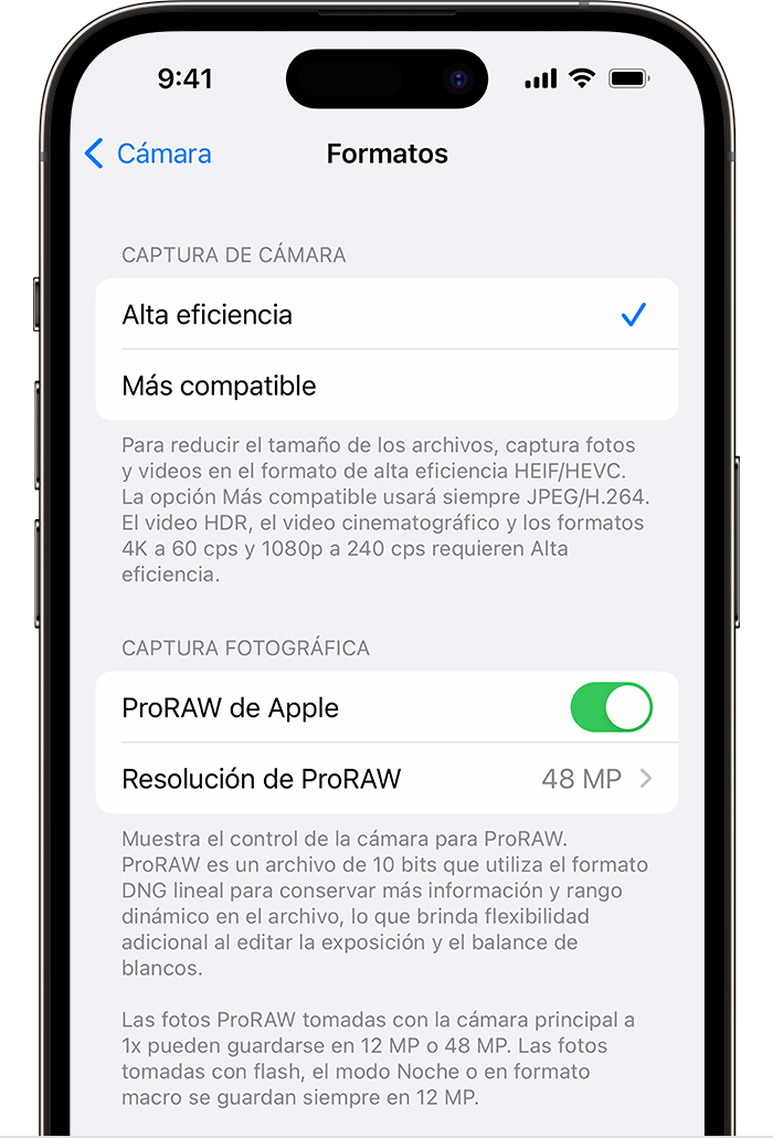 En los modelos de iPhone 14 Pro, hay dos opciones para la resolución ProRAW en Configuración.