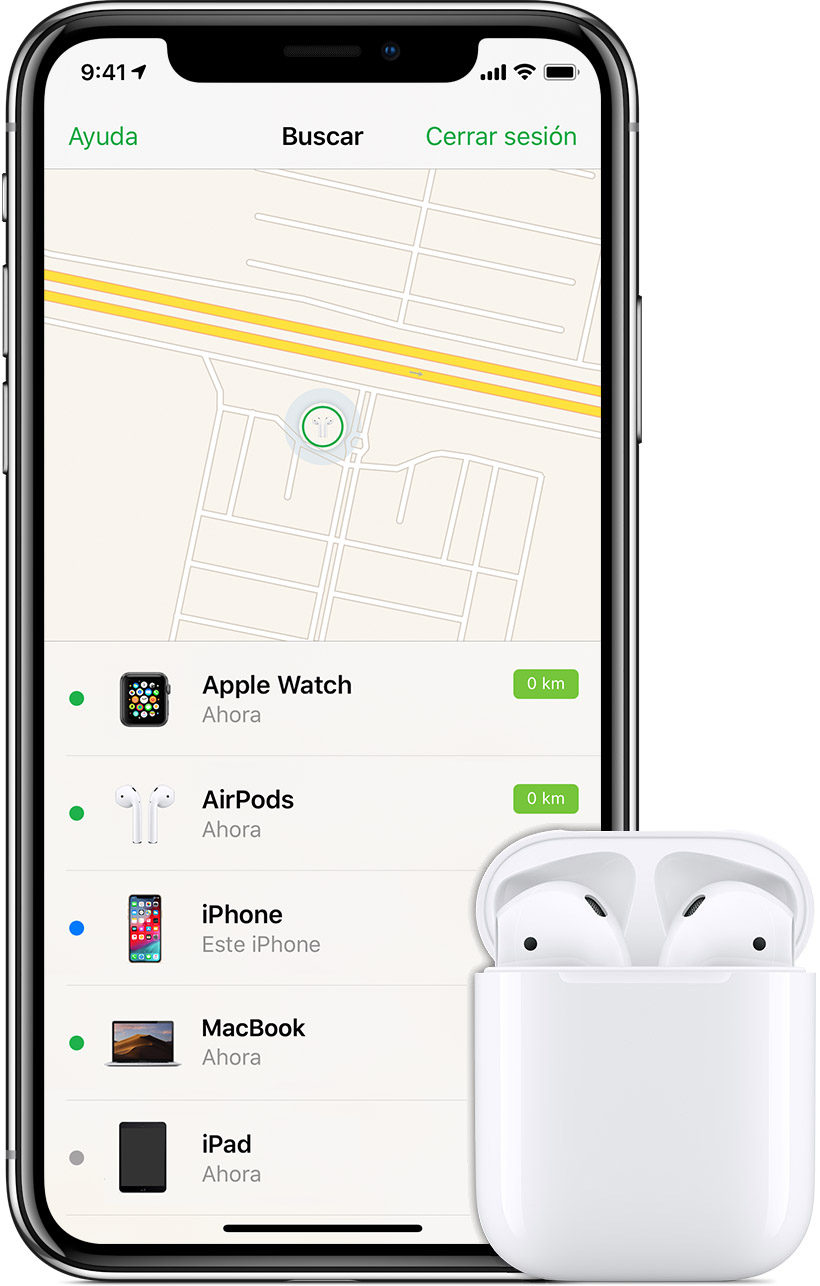iPhone donde se muestra Buscar mi iPhone con AirPods incluidos en la lista de productos