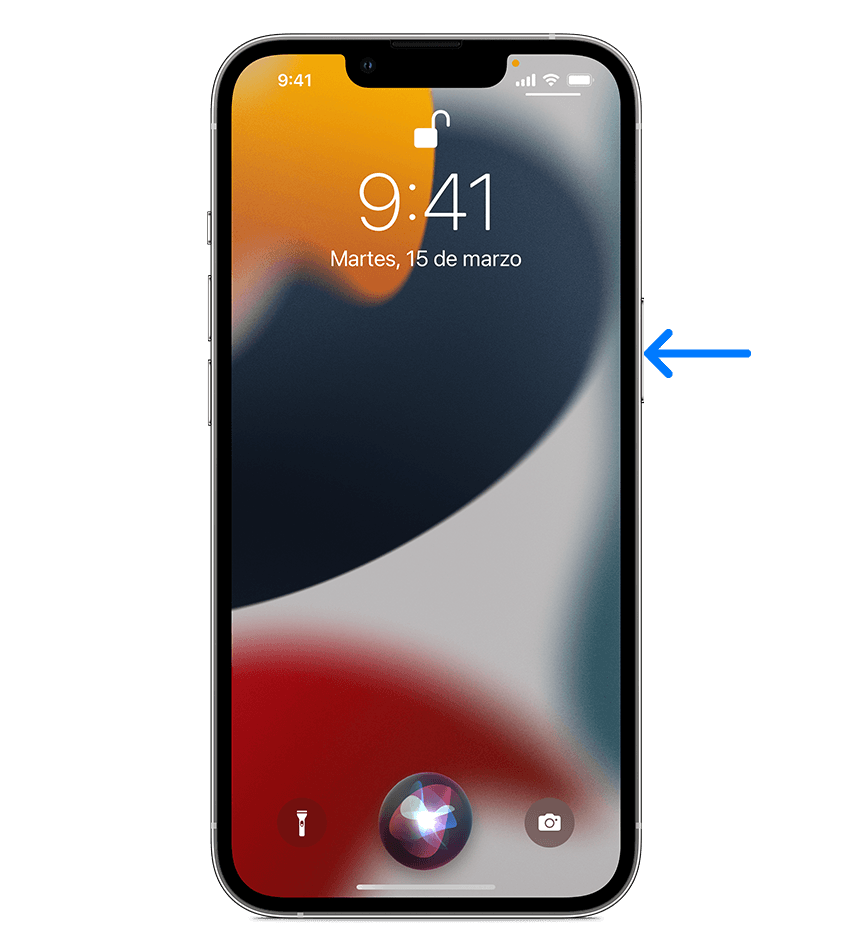 iPhone 13 en el que se muestra cómo presionar el botón lateral para activar Siri