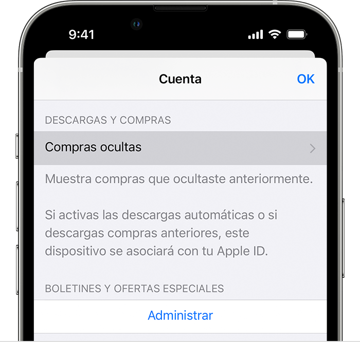 Un iPhone en el que se muestra el botón Compras ocultas en la configuración de la cuenta.