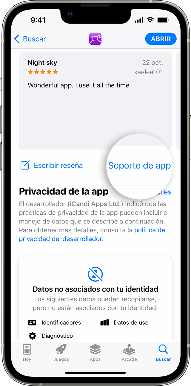 En App Store del iPhone, puedes encontrar el botón Soporte de app debajo de las reseñas.
